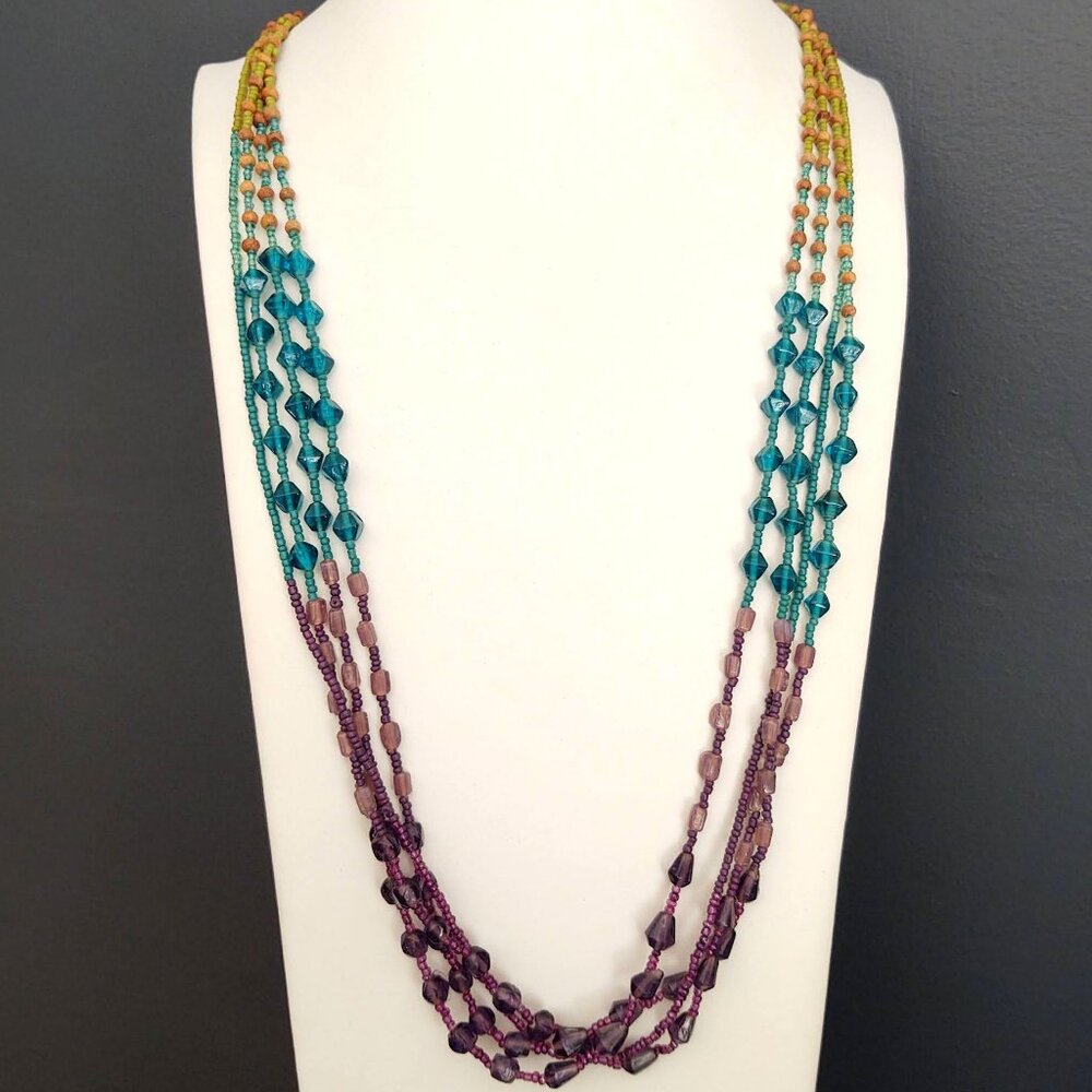 Glass, wood and seed bead multi-strand necklace